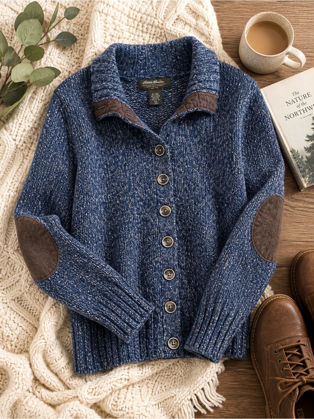 Eddie Bauer Blue Marled Wool Blend Cardigan Elbow Patch Cozy Sweater S